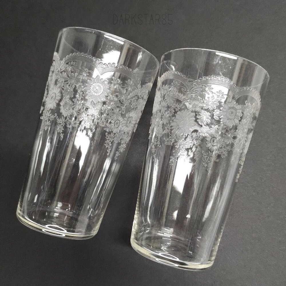 Pair of Antique Etched Juice Glasses With Floral and Arch Design 4oz Clear